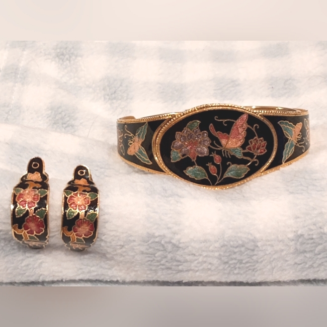 Cloisonne Butterfly Floral Black Enamel 1 Earring 225 Bracelet Vintage 34$